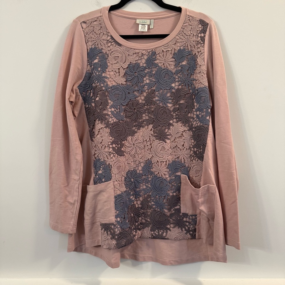 Women’s LOGO By Lori Goldstein Pink and Blue Floral Lace Long Sleeve Top size M